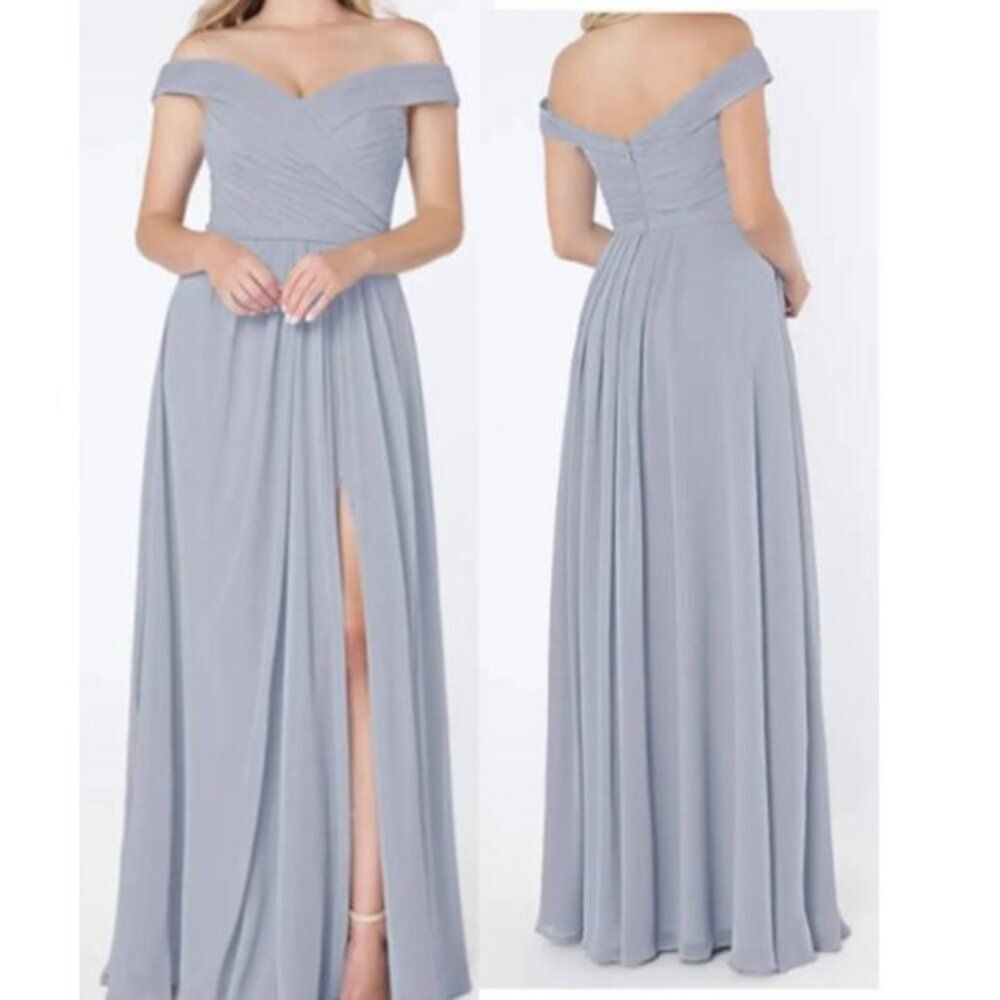 Azazie Chiffon Maxi Dress Size 8 Grey Elegant Off Shoulder Bridal Shower Wedding